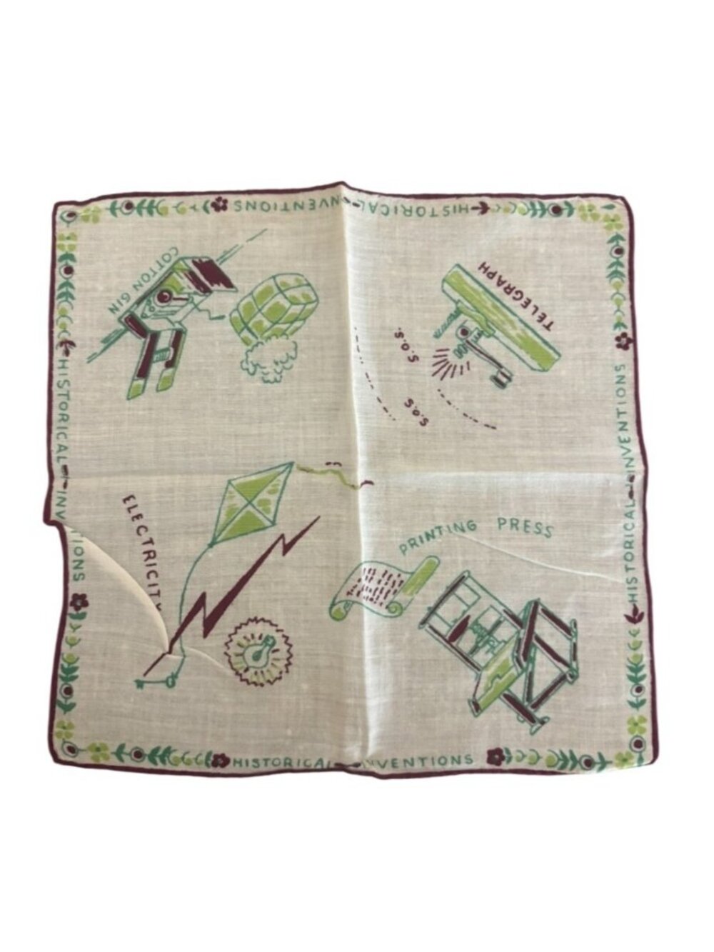 Vintage Historical Inventions Print Cotton Handkerchief Scholarcore Retro
